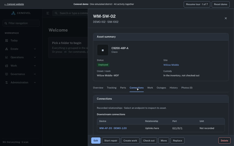 The demo console with the record for WM-SW-02 open on its Connections tab, listing the access point that uplinks to it.