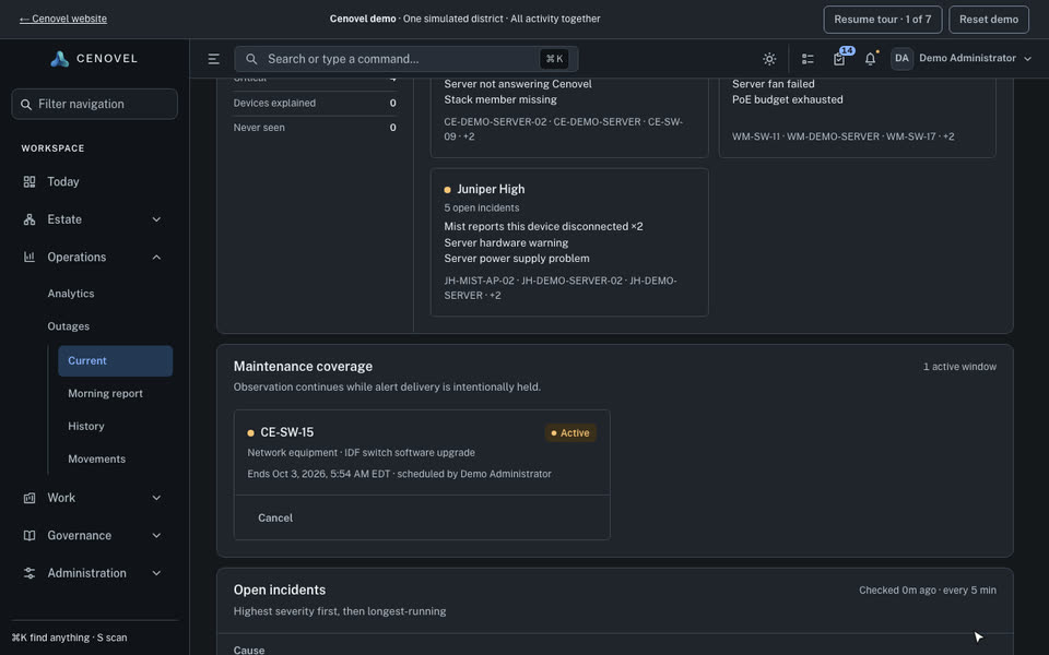 The Outages page with one active maintenance window for CE-SW-15, its reason and its end time.