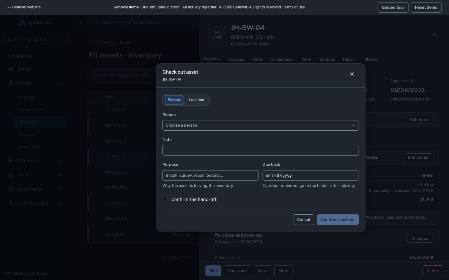 The Check out asset dialog in the demo console, with Assign to Person or Location, Note, Purpose, Due back and the collection confirmation.