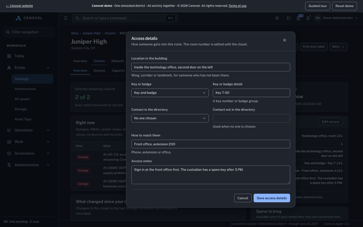 The Access details dialog in the demo console, with location in the building, key or badge, contact and access notes.
