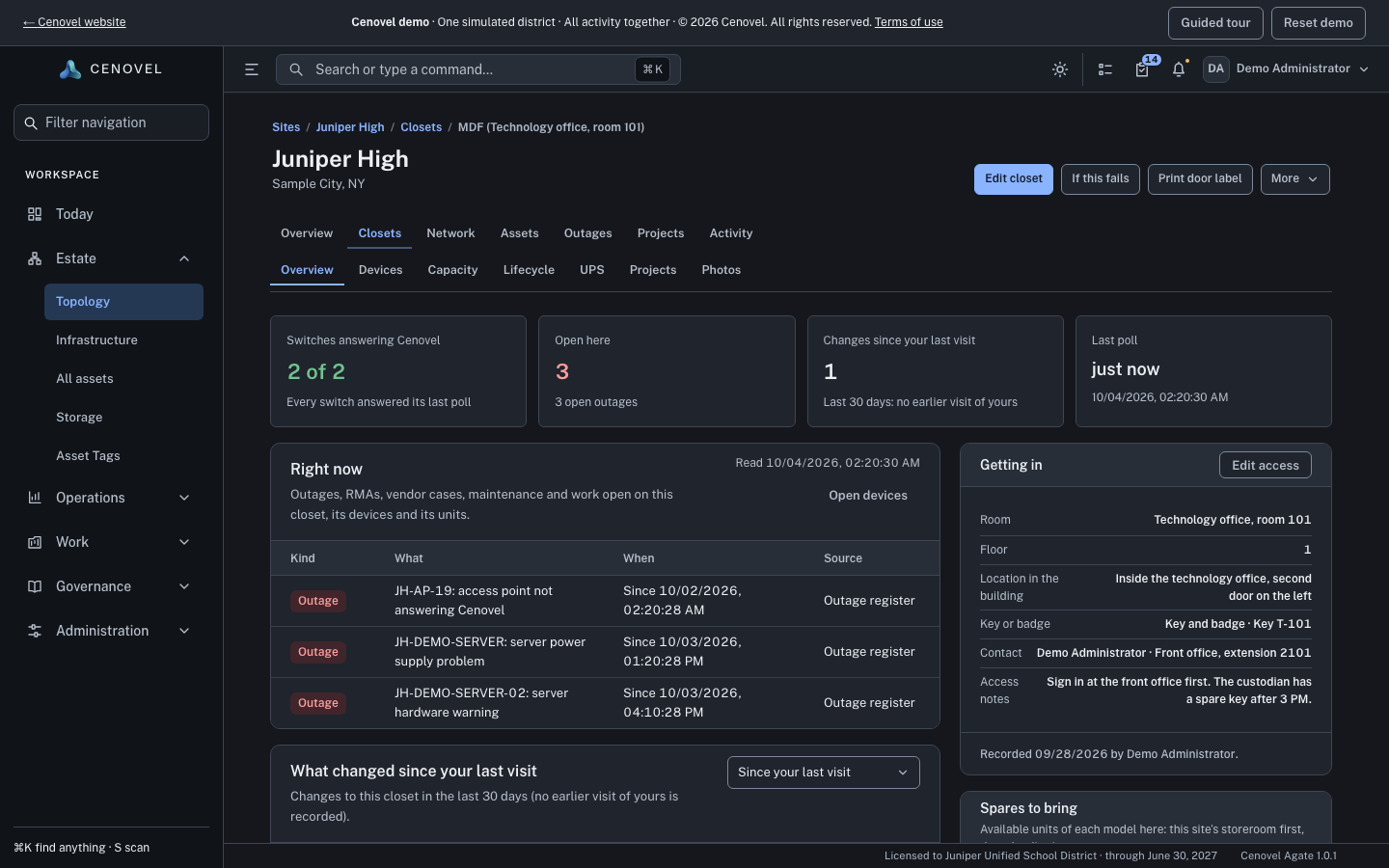 A closet overview in the demo console: four summary cards, Right now with three open outages, and Getting in with the room, key and contact.