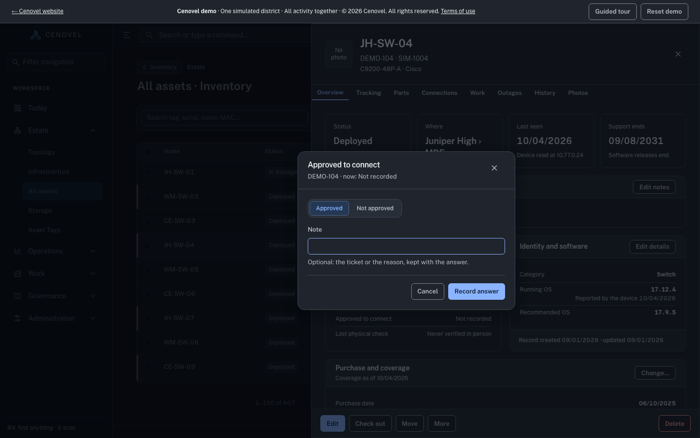 The Approved to connect dialog in the demo console, with Approved and Not approved choices, a note and Record answer.