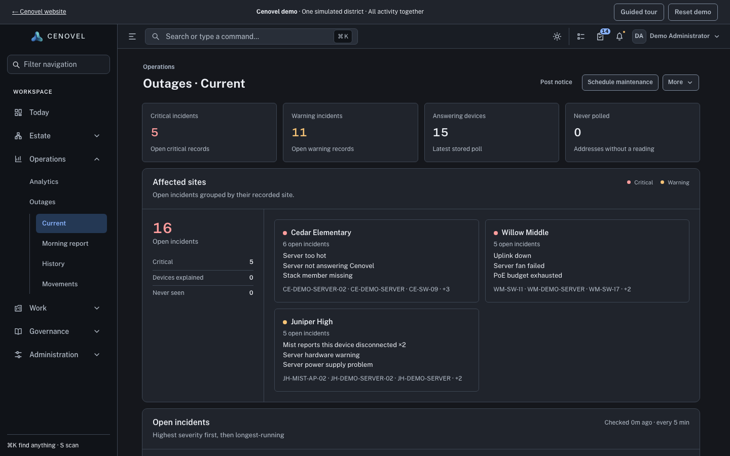 The Outages page of the demo console