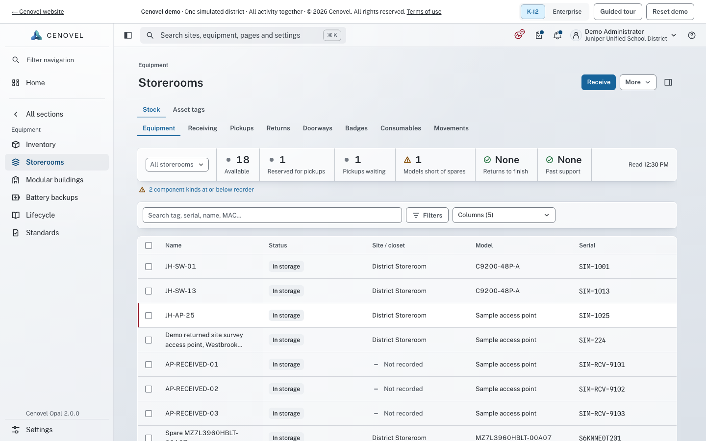 Storerooms in the demo console: units in a storeroom with their status, model and serial.