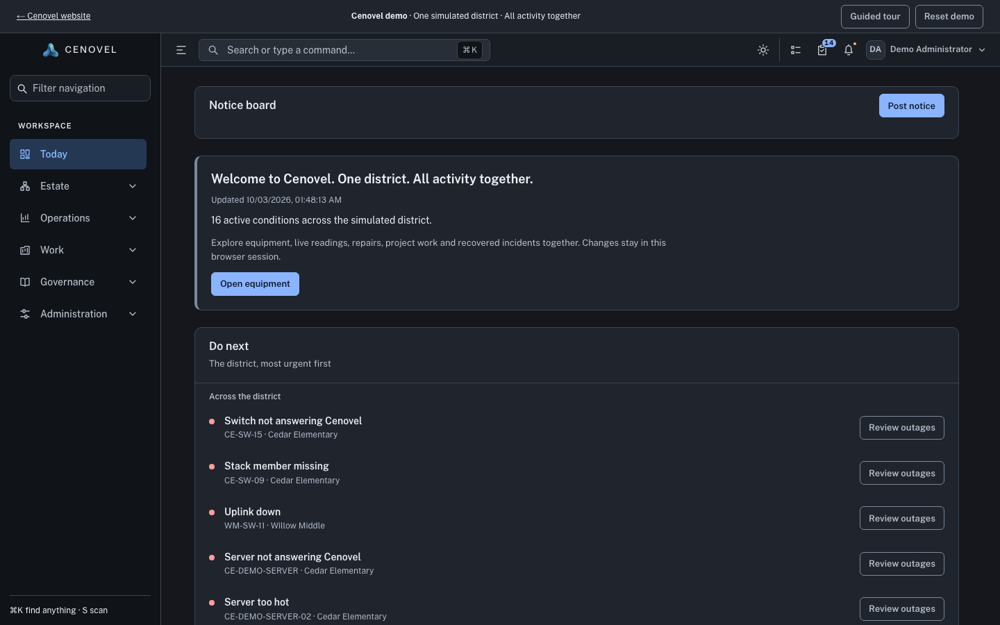 The Today page of the demo console